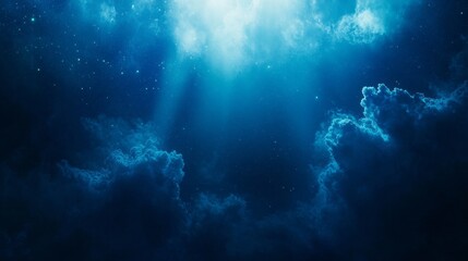 Fototapeta premium Golden beams of light cascade from the heavens, illuminating swirling clouds against a deep blue sky. This dramatic interplay evokes feelings of peace and spirituality