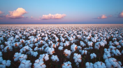 A Twilight Field of Fluffy Cotton Bolls Against Soft Pink Clouds