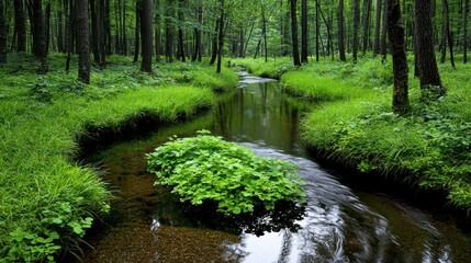 Obraz premium Serene Forest Landscape with Tranquil Stream Flowing through Lush Greenery and Tall Trees