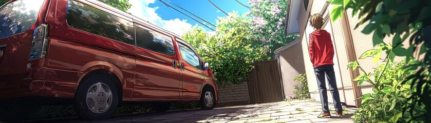 Fototapeta premium Man by Van in Alleyway, Sunny Day