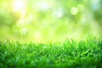 Green grass meadow with blurred sun rays and abstract Spring background.