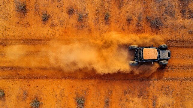 Off-road vehicle speeds on a dirt track, cloud of dust, aerial view, adventure