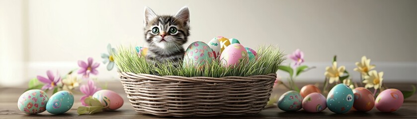 A cute kitten peeks out from a basket filled with colorful Easter eggs and decorative flowers, creating a cheerful spring scene.