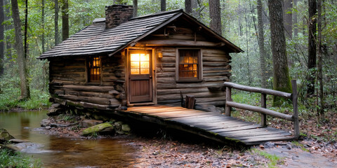 Obraz premium Rustic wooden cabin with warm light by a quiet stream in a dense green forest