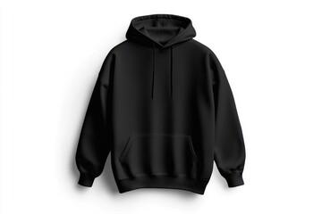 MOCKUP OF A BLACK HOODIE, FRONT VIEW ON WHITE PLAIN BACKGROUND.