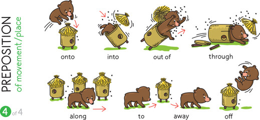 Preposition of movement. Funny bears cartoon set