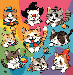9 Nine Happy Cute Adorable cats Kittens group lovely colorful vector art illustration artwork vinyl vector poster acrylic t-shirt poster interior logo editable Wall Sticker decor mug poster design