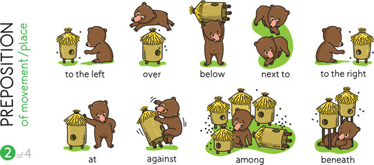 Preposition of place. Funny bears cartoon set