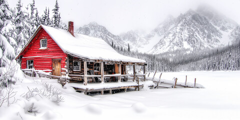 Rustic red cabin covered in snow by frozen lake with snowy mountains and pine trees