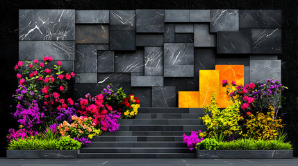 Fototapeta premium Colorful flowers frame stone stairs, modern wall backdrop