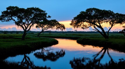 Serene River Landscape at Dusk with Reflections and Lush Greenery in Tranquil Setting