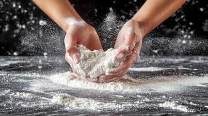 Close-up shot of hands kneading flour dough on a kitchen table, highlighting the art of baking and homemade cooking. related to culinary traditions, bakery, and artisan food preparation