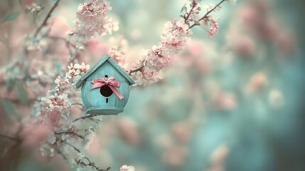 Soft light bathes delicate pink blossoms framing a charming teal birdhouse. AI Generated