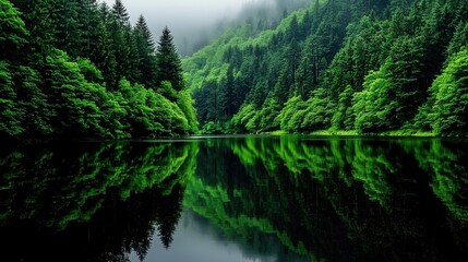 Lush Green Forest Reflected in Calm Water with Mysterious Misty Background