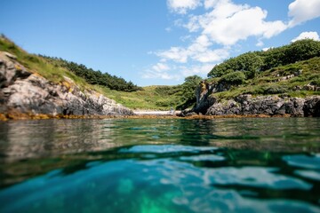 Scenic beach cove view from the water on a sunny summer day getaway use