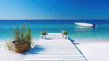 Fototapeta premium Tranquil Seaside Dock with Boat and Clear Blue Water on a Bright Sunny Day