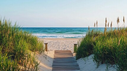 Tranquil Pathway Through Dunes Leading to Serene Beach and Calm Ocean Waters