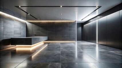 Modern minimalist interior design featuring sleek dark grey tiles, ambient lighting, and a built-in countertop sink