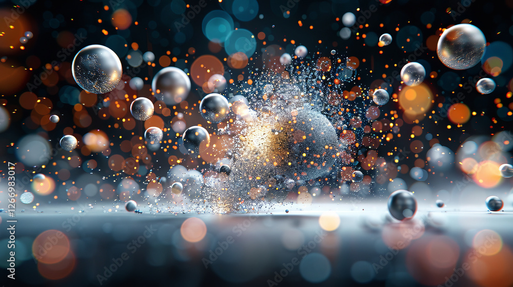 Poster abstract atomic collision: a mesmerizing abstract image depicting a collision of metallic spheres, s