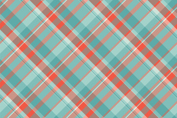 Vibrant diagonal plaid pattern in teal, coral, and taupe.  Perfect for textile design, website backgrounds, or fashion projects. This cheerful and modern design evokes feelings of warmth and style.