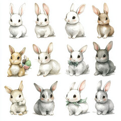 Fototapeta premium 12 images, easter themed clipart, white background, cute style, watercolour style 