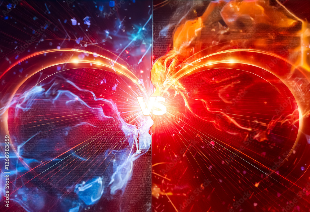 Leinwandbilder fiery red and icy blue collide in a vibrant clash. energy swirls with light bursts creating a dynami