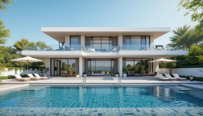Fototapeta premium Modern luxury home with poolside view and elegant architecture