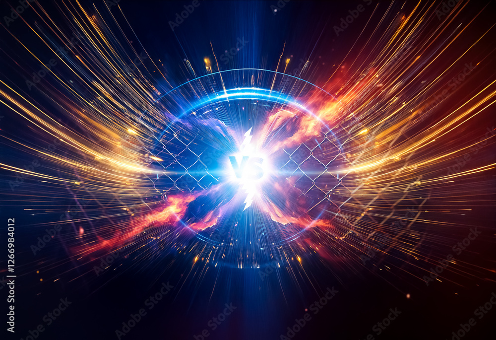 Poster abstract energy sphere with radiating light beams and fiery bursts against a dark backdrop, creating
