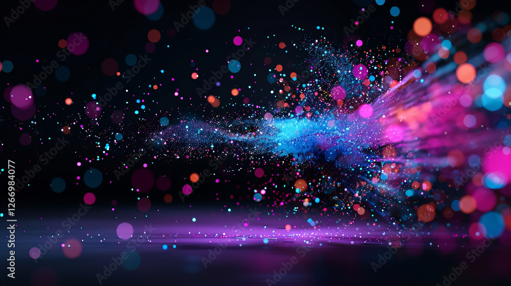 Poster cosmic burst: an explosion of vibrant, multicolored particles illuminates the darkness, creating a m