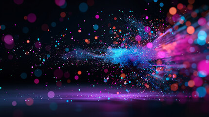 Fototapeta premium Cosmic Burst: An explosion of vibrant, multicolored particles illuminates the darkness, creating a mesmerizing display of light and energy.