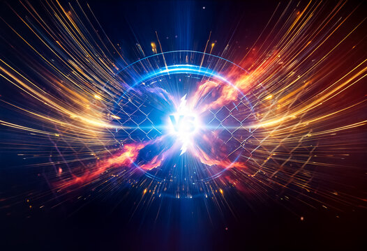 Abstract energy sphere with radiating light beams and fiery bursts against a dark backdrop, creating a dynamic and powerful visual effect.