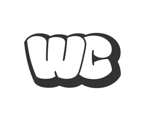 WC logo, bubble comic lettering, rounded in graffiti style black and white silhouette. Trendy preschool W and C letter text for festival party, personal initials, children funky print and web.