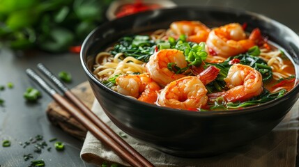 Wonton noodle soup: Bowl of Cantonese-style soup, featuring plump shrimp dumplings, thin egg noodles, and vibrant bok choy.