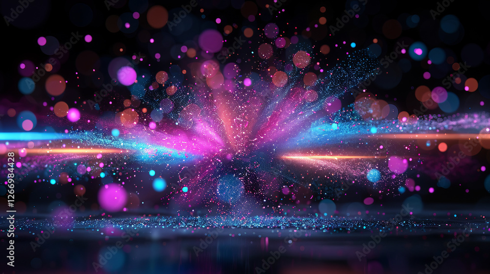 Poster cosmic burst: abstract image of vibrant, colorful particles exploding outwards, creating a dazzling 