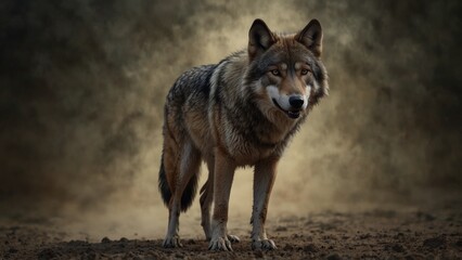 Fototapeta premium Gray Wolf Portrait mysterious alert standing against a blurred natural backdrop