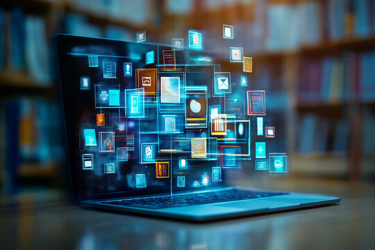 Concept of an e library with virtual icons computer