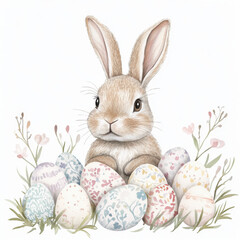 Obraz premium Delicate watercolor painting of an adorable bunny sitting among beautifully decorated Easter eggs. Minimum details. Children's picture for Easter. 