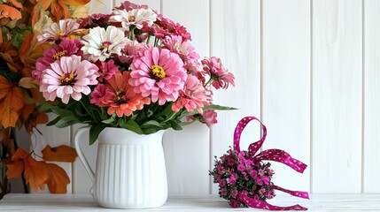 Vibrant Floral Arrangement in White Pitcher with Colorful Bouquets on Wooden Surface