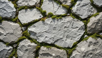 Natural stone wall with green moss fills the gaps for a rustic texture