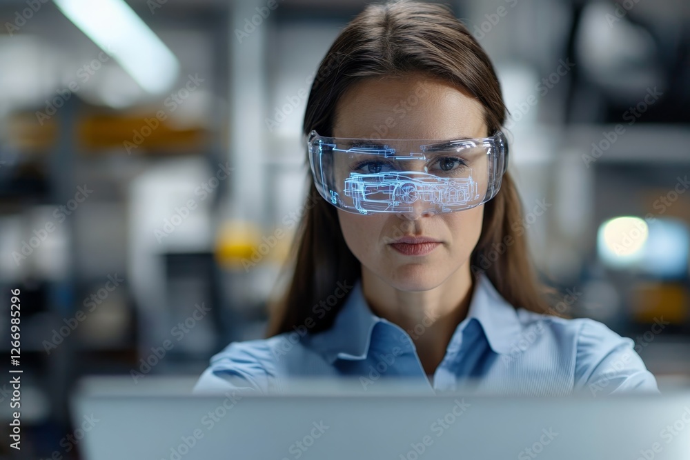Poster innovative engineer using augmented reality glasses for design work in a modern technology lab