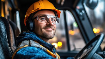 Portrait of a Happy Construction Worker in his Vehicle