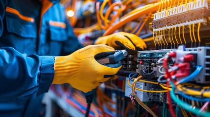 Precision Engineering: Close-up shot of gloved hands expertly working on complex electrical wiring, showcasing meticulous detail and precision in industrial settings.