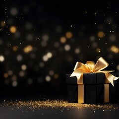 A black box with a gold ribbon on top