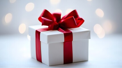 Fototapeta premium Elegant white gift box beautifully wrapped with a vibrant red bow perfect for any occasion