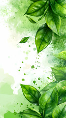 Fresh green tea leaves, watercolor splash