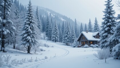 Fototapeta premium Snowy cabin nestled amongst pine trees in serene winter landscape