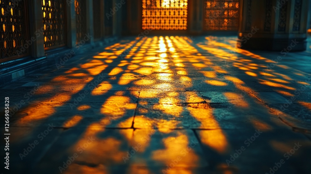 Poster at sunset, intricate patterns of light filter through ornate windows, casting golden reflections ont