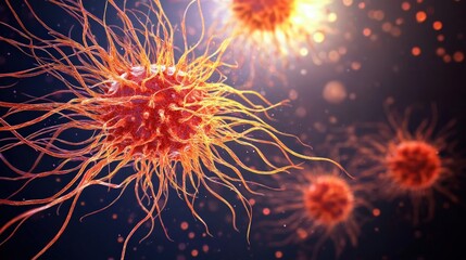 Fototapeta premium Close up image of neurons and orange bacteria showcasing detailed cellular structures and textures