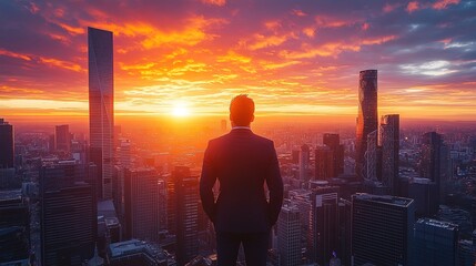 A business leader standing confidently on a skyscraper rooftop at sunrise, vibrant and inspiring 