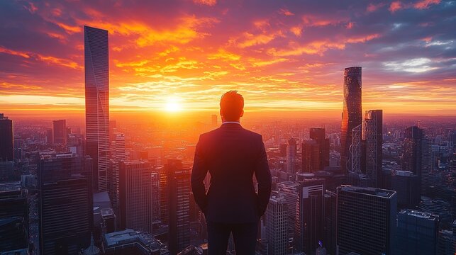 A business leader standing confidently on a skyscraper rooftop at sunrise, vibrant and inspiring 